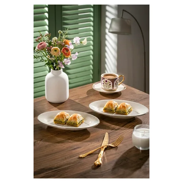 Porsima 4443 Gardenya Porselen Platin Fileli Kayık Tabak Seti - Oval Kahvaltılık Sunumluk Seti 20CM - 20 cm