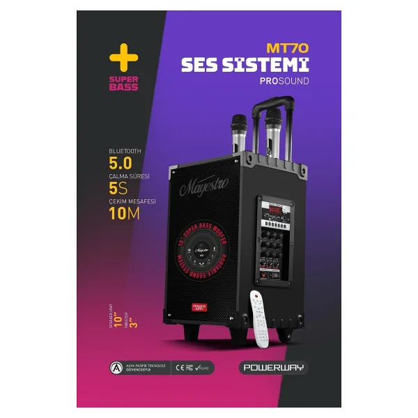 Powerway Şarjlı Çift Mikrofonlu Hoparlör Karaoke Sistemi Taşınabilir Amfi Mt70 Bluetooth Hoparlör