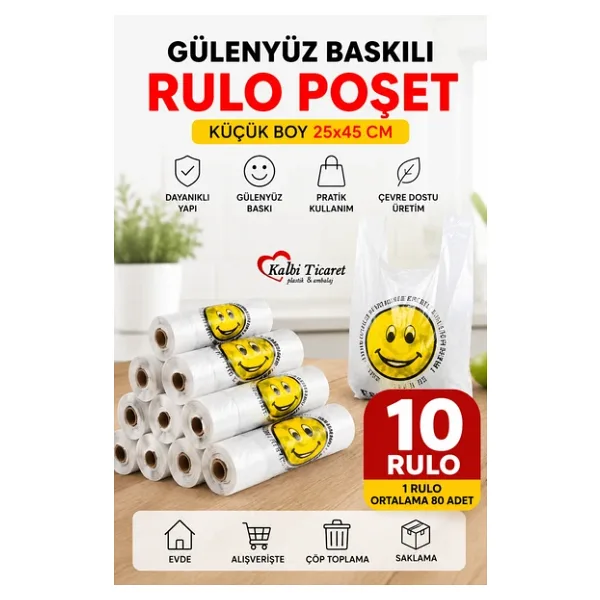 Rulo Poşet Küçük Boy 10 Rulo Gülenyüz Baskılı Poşet Hışır Atlet Poşet Market Manav Poşeti