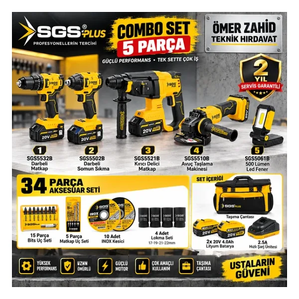 Sgs Combo Set 5 Parça (Darbeli Matkap/kırıcı-Delici Matkap/avuç Taslama Makinesi/darbeli Somun Sıkma/led Fener)
