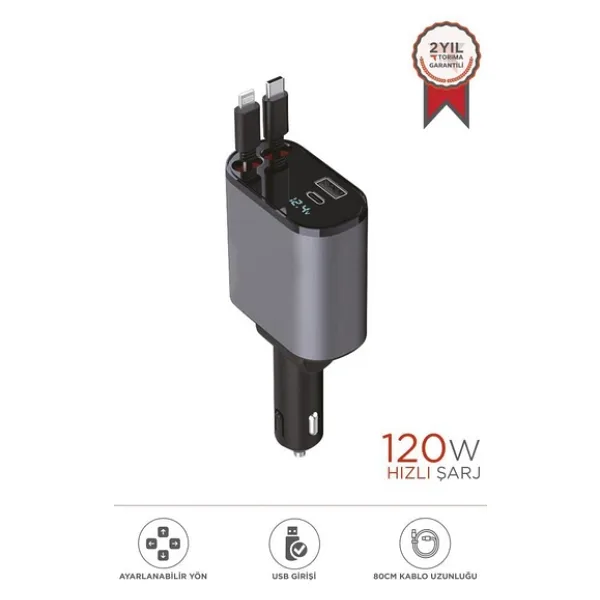 TORİMA G16 120W Süper Hızlı Şarjlı Transmitter Araç Şarj Cihazı - Çift Type-C & Lightning Kablo, Dijital Göstergeli, 80c
