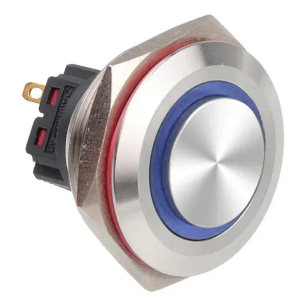 WD28B-G1-E 28mm Çıkık Yaylı Işıklı Metal Buton - Mavi