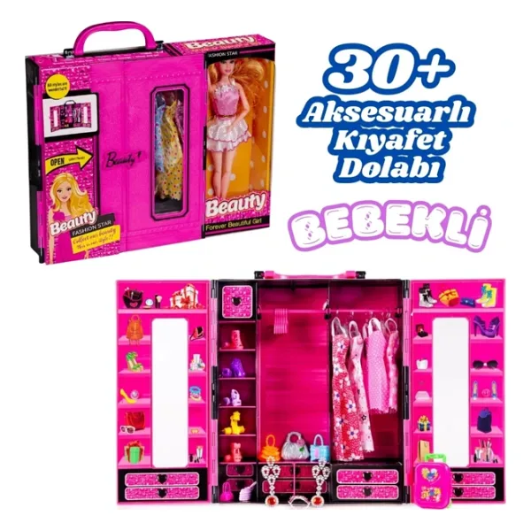 Beauty Aksesuarlı Bebekli Gardırop - Barbie Dolap - Barbie Giysi Dolabı - Barbie Gardırop - Gardrop