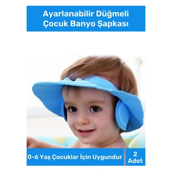Bebek Duş Başlığı Ayarlanabilir Düğmeli Çocuk Küvet Göze Su Kaçırmayan Mavi Banyo Şapkası - 2 Adet