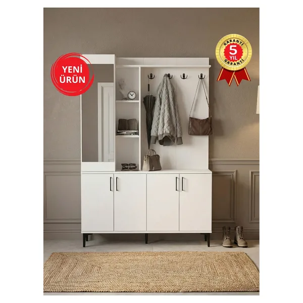 Dorpek Parion Aynalı Portmanto, Vestiyer Portmanto Ayakkabılık 135 cm Beyaz
