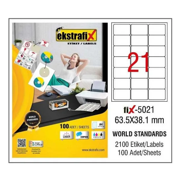 Ekstrafix FIX-5021 63.5x38.1 mm 21'li 100 Sayfa A4 Lazer Etiket