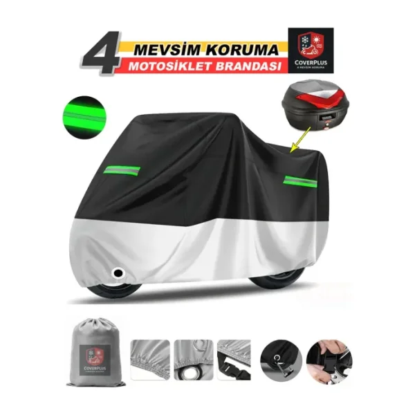 Encover Triumph Tiger Reflektörlü Siyah-Gri (Arka Çanta Uyumlu) Motosiklet Brandası,motor Branda Motor Örtüsü (Güvenlik Kilidi ve Bağlantı Tokalı) - Siyah Gri - Reflektörlü Arka Çanta UYUMLU