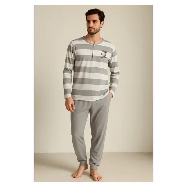 Erkek Kalın Çizgili Pijama Takımı Gri