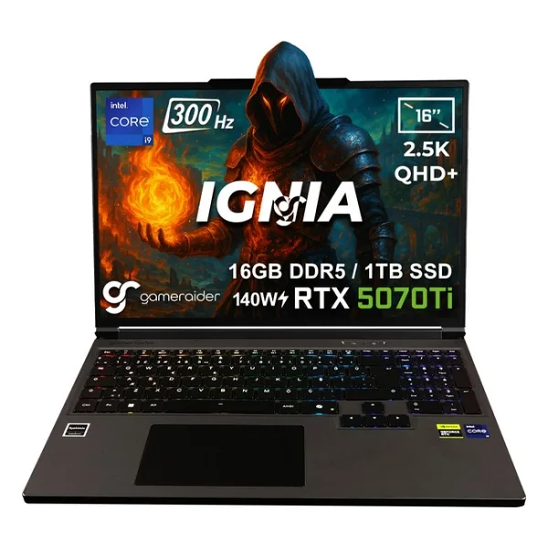 GameRaider IGNIA GR16 Intel Core i9-14900HX 16GB DDR5 1TB SSD RTX 5070Ti 12GB 140W 16 inç 2.5K QHD+ 300Hz FreeDos Gaming Laptop (H970T300S16B-TR001) - 1 TB - 16 GB
