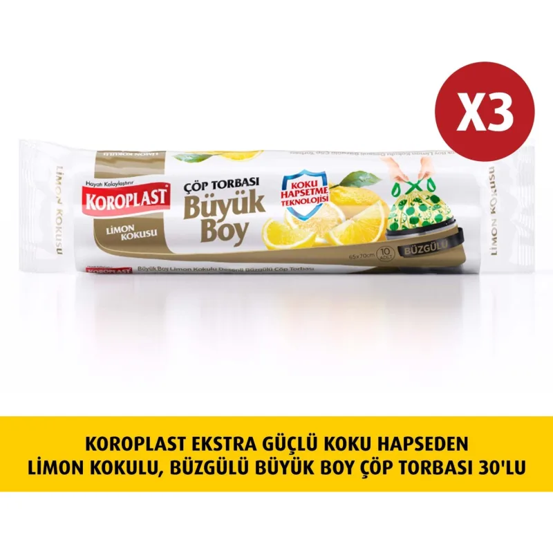 Koroplast Ekstra Güçlü Limon Kokulu Büzgülü Büyük Boy Çöp Poşeti 10'lu 3 Adet