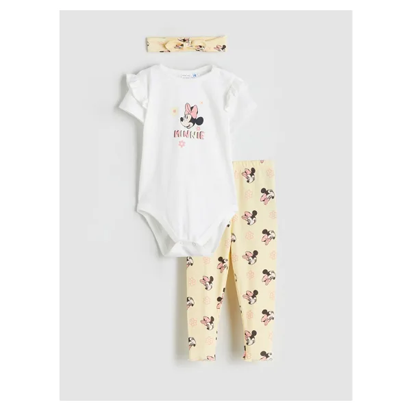 Lc Waikiki Yeni Sezon Minnie Mouse Baskılı Kız Bebek Body Tayt ve Saç Bandı 3'lü Takım - 3 - 6 Ay - Ekru