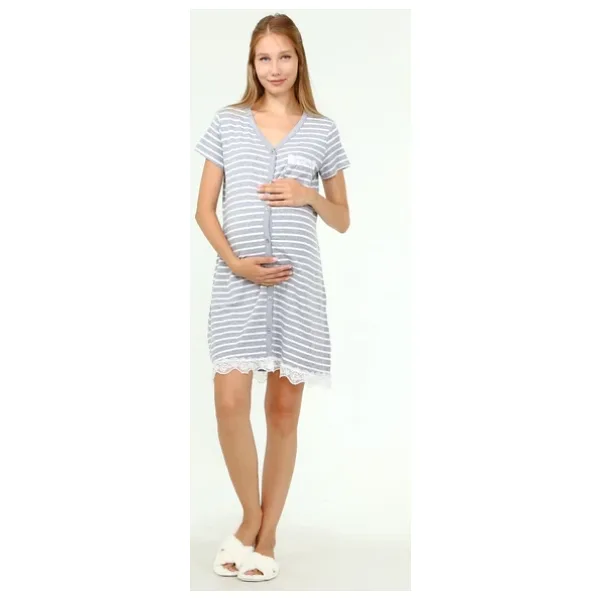 Luvmabelly MYRA9720 Düğmeli Dantelli Cepli Çizgili Hamile Geceliği