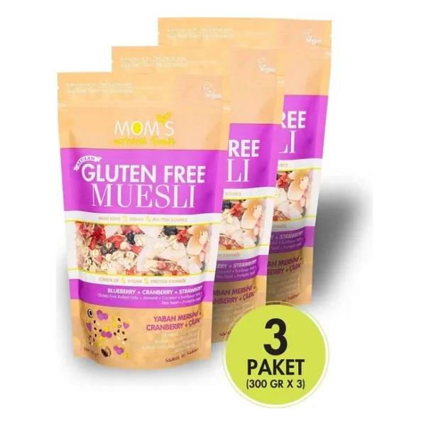 Mom's Natural Foods Glutensiz Meyveli MÜSLİ 3 Paket 300 g Yüksek Lif ve Protein İçerir - 900 gr