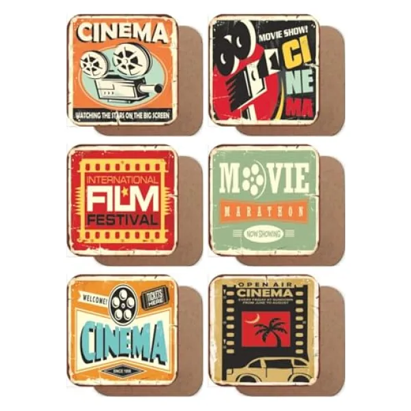 Ms Major Selection Retro Sinema Temalı 6Lı Ahşap Bardak Altlığı Seti