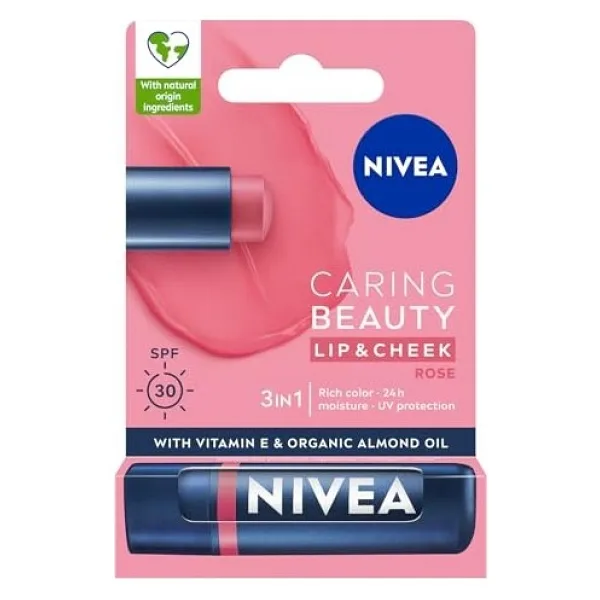 NIVEA Renkli Nemlendirici Dudak Bakım Kremi Rose 4.8gr, SPF30, Allık Etkisi, Dudak ve Yanaklar, E Vitamini