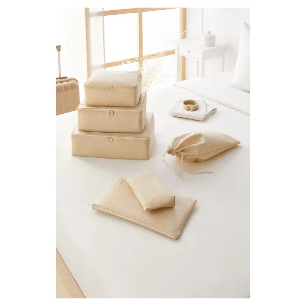 Ocean Home Textile 6'lı Bej Balıksırtı Valiz Düzenleyici Bavul İçi Organizer Set - Açık Bej