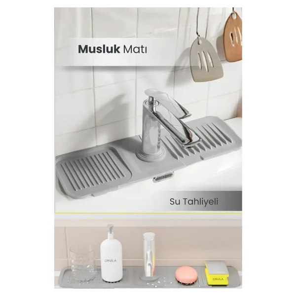 Orvila Elastik Musluk Matı Su Tutucu Düzenleyici Kaydırmaz Taban Organizer Mutfak Banyo Lavabo Gri