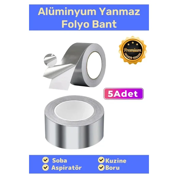 Özel Suya Sıcaklığa Dayanıklı Tamir Soba Boru Yama Alüminyum Yanmaz Folyo Bant 44mm 20mt - 5 Adet