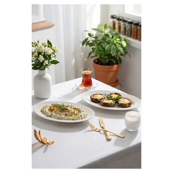 Porsima 4456 Burçak Porselen Kayık Tabak Seti - Oval Kahvaltılık Sunumluk Seti 30CM - 30 cm