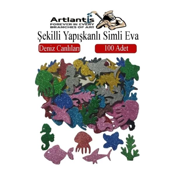 Şekilli Simli Eva Yapışkanlı Deniz Canlıları 100 Lü 1 Paket Kendinden Yapışkanlı Simli Eva Sticker Okul Öncesi Kreş Ana