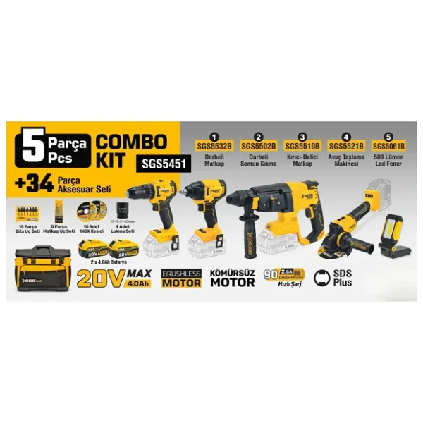 Sgs Combo Set 5 Parça (Darbeli Matkap/Kırıcı-Delici Matkap/Avuç Taslama Makinesi/Darbeli Somun Sıkma/Led Fener) Sgs5451