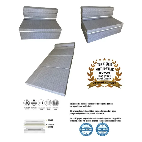 Tek Kişilik Katlanır Koltuk Katlanır Yatak Kanepe Yer Yatağı Tek Kişilik GRİ-90X190X10 cm - Çok Renkli - 120 x 180 x 8 cm