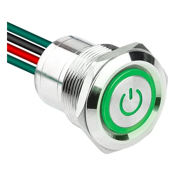 WD22D1-P2-EC 22mm Düz Yaylı Işıklı Power Kablolu Metal Buton - Yeşil