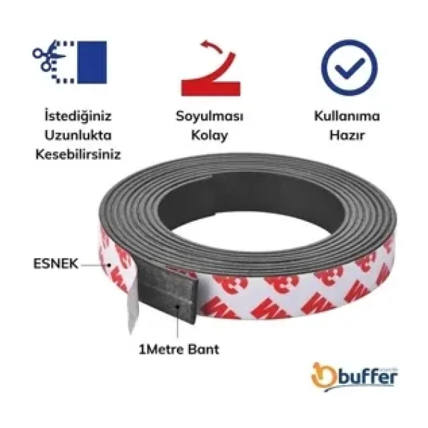 Yapışkanlı Şerit Mıknatıs Magnet Kes Kullan Güçlü Sağlam Rulo Çıkarılması Kolay Siyah 2cm x 1 mt