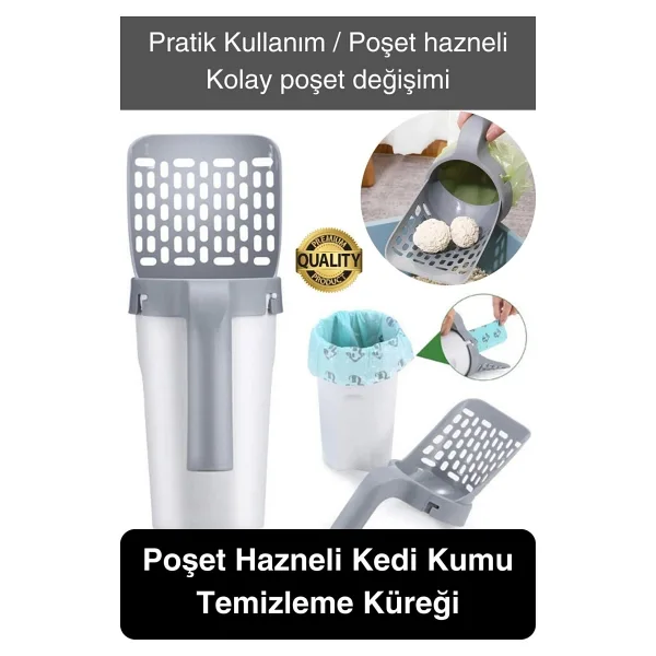 Yeni Nesil Premium Kedi Kumu Temizleme Küreği Elekli Hazneli Kaka Poşeti Hediyeli Büyük Boy Pratik
