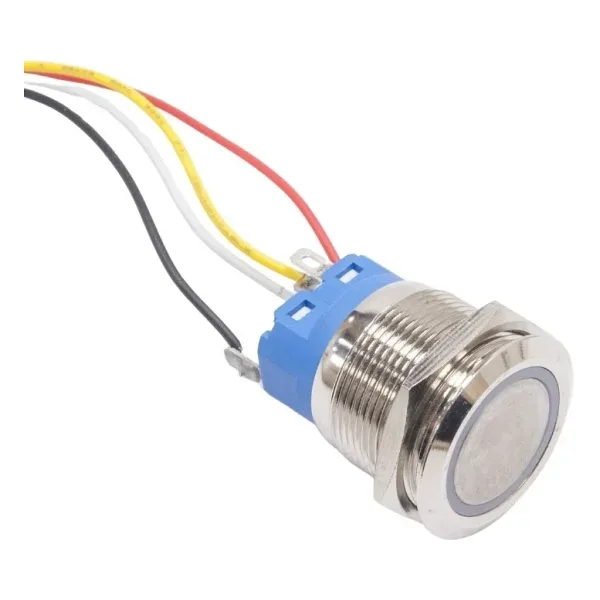 22mm Düz Yaylı Mavi Işıklı Metal Buton - Kablolu