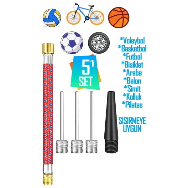 5'li SET Top Şişirme İğnesi Seti Voleybol Basketbol Futbol Bisiklet Pilates Şişirme Seti