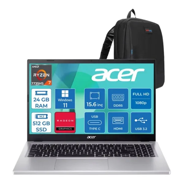 Acer Aspire Go AG15-41 Amd Ryzen 7 7735HS 24GB 512GB SSD Windows 11 Home Amd Radeon Graphics 15.6'' Fullhd (1920X1080) Taşınabilir Bilgisayar NXJ7FEY002H05 + Zetta Çanta - 512 GB - 24 GB