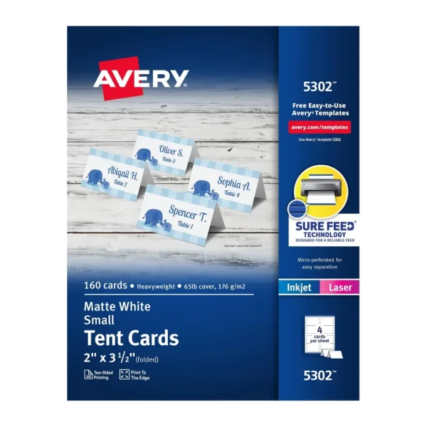 Avery 5302 Küçük çadır kart, beyaz, 2 x 3 1/2, 4 kart/(Box 160)