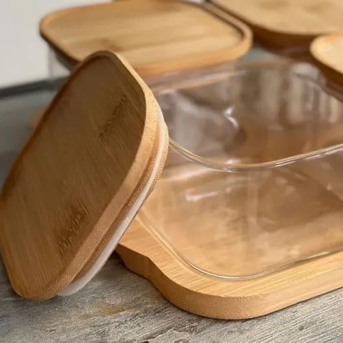 Bambu Kapaklı Cam Tepsili Kahvaltılık 5 Parçalı Set