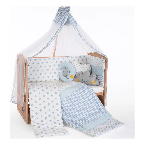 Bamgidoo Ahşap Organik Beşik Anne Yanı Beşik 3 Kademeli Lüx Bebek Beşiği 60 x 120 cm - Mavi Yıldız Uyku Setli & Soft Yataklı