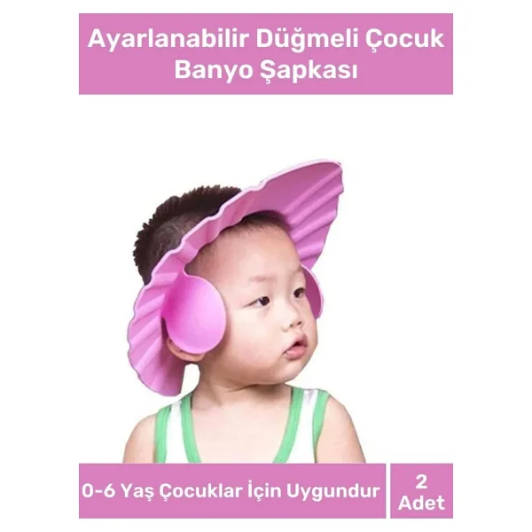 Bebek Duş Başlığı Ayarlanabilir Düğmeli Çocuk Küvet Göze Su Kaçırmayan Pembe Banyo Şapkası - 2 Adet