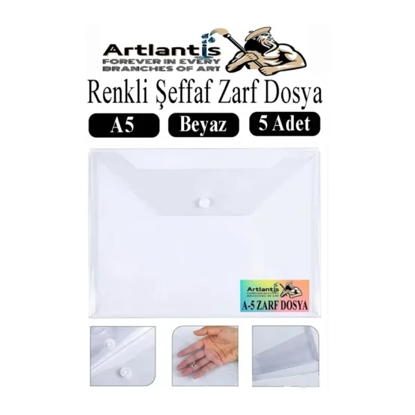 Beyaz A5 Çıtçıtlı Dosya Şeffaf Renkli Zarf Dosya 5 Adet 17X22 Cm Çıt Çıtlı Dosya Su Geçirmez 50 Yaprak Kapasiteli