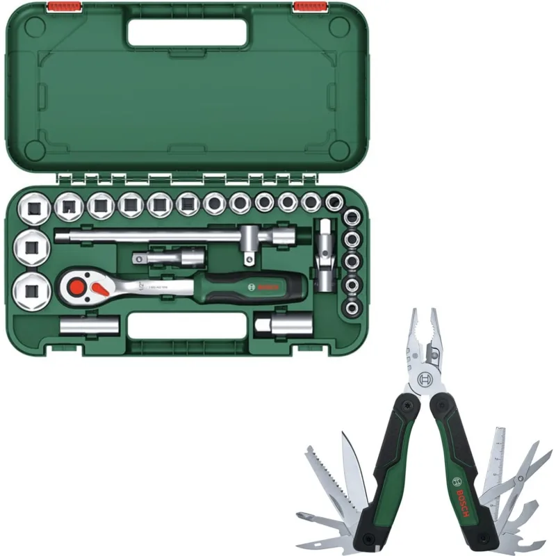 Bosch 1/2 25 Parça Cırcırlı Somun Sıkma Seti + Bosch Çok Amaçlı Alet Pense Çakı (16 Özellik)
