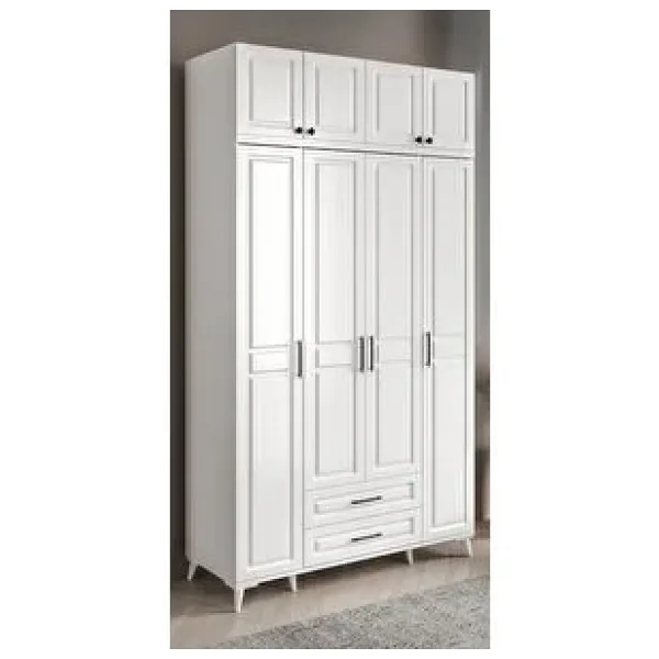 GuneyStore Ücretsiz Montaj - 100% MDF Gözde 4 Kapaklı Yüklüklü Beyaz Gardırop - MDF Dolap - Elbise Dolabı