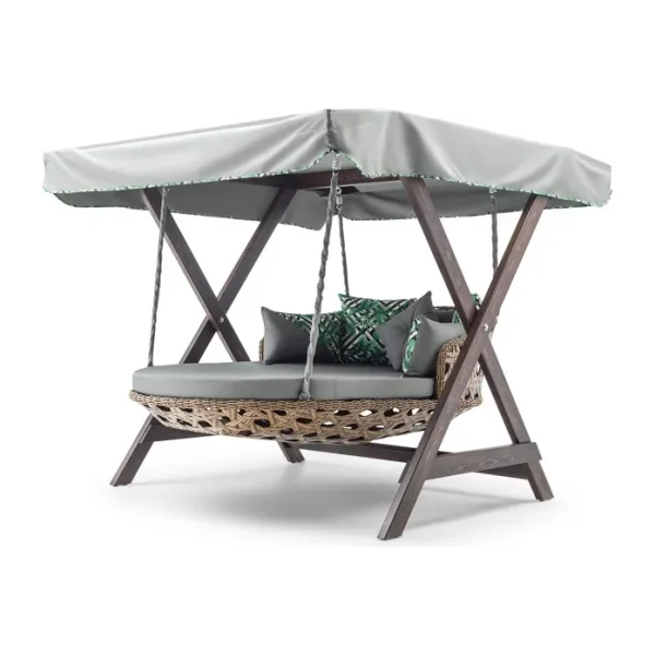 Hier Dominik Swing Ahşap Rattan Salıncak Dış Mekan Bahçe Balkon Ve Teras Salıncağı Gri
