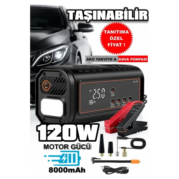 HT15 2 Fonksiyonlu 12V Akü Takviye Cihazı & Hava Kompresörü Powerbank Dijital Basınç Lastik Pompası
