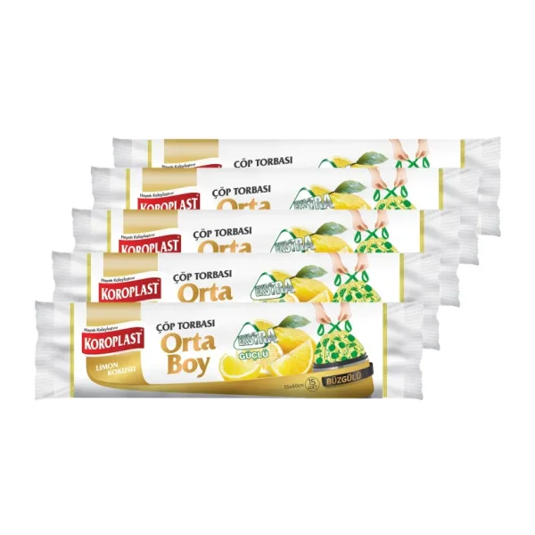 Koroplast Ekstra Güçlü Orta Boy Limon Kokulu Büzgülü Çöp Torbası 55X60CM - 15'li x 5 Adet Avantajlı