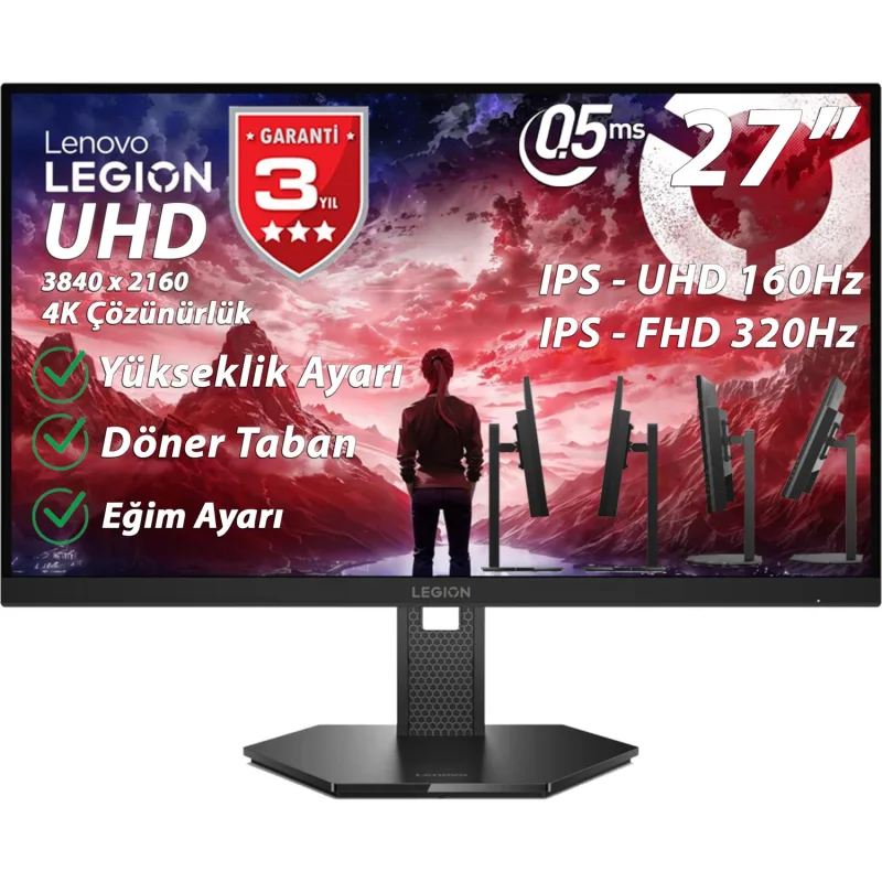 Lenovo Legion 27U-10 67D1GAC1TK 27" 0.5 ms 4K 160 Hz - Full HD 320 Hz Pivot IPS Oyuncu Monitörü