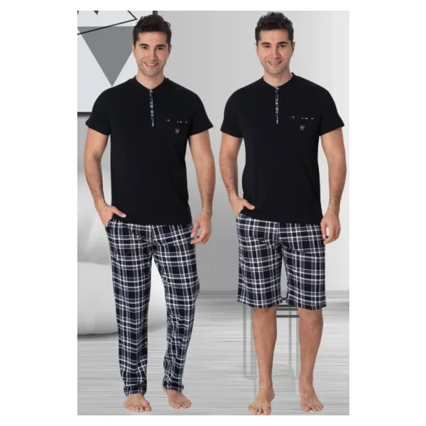 Mecit 2901 Lacivert Ekoseli Büyük Beden Erkek 3'lü Pijama Takımı