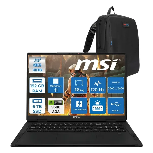MSI Msı Creatorpro X18 Hx A14VKSG-481TR Intel Core I9 14900HX 192GB Ddr5 6tb SSD Windows 11 Pro Rtx 3500 Ada Gddr6 12GB 175W 18 Inç Uhd+ (3840x2400) 120Hz Mobil Iş Istasyonu 481TRP27 + Zetta Çanta