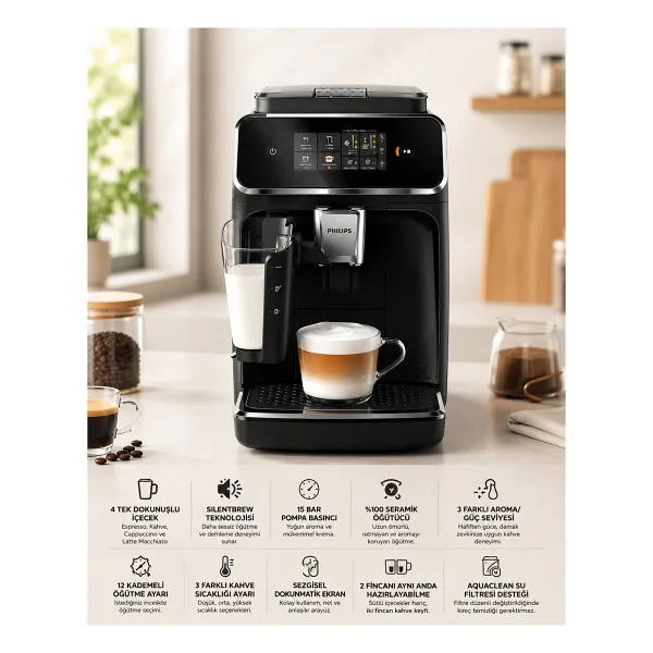 Philips Lattego Tam Otomatik Espresso Makinesi, 4 Farklı Kahve Coffee+ Mobil Uygulaması %100 Seramik Öğütücülerle Zenginleştirilmiş Aroma - Siyah