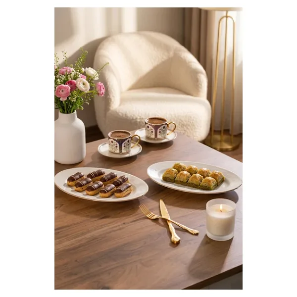 Porsima 4457 Burçak Porselen Altın Fileli Kayık Tabak Seti - Oval Kahvaltılık Sunumluk Seti 25cm