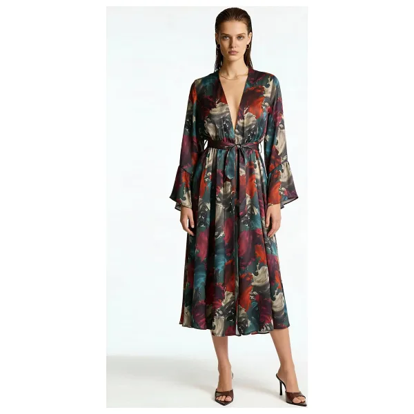 Roxela Desenli Uzun Saten Sabahlık/Kimono