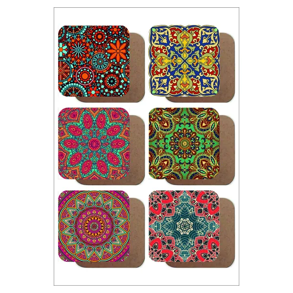 UNT Mandala Temalı Vintage 6'lı Ahşap Bardak Altlığı Seti
