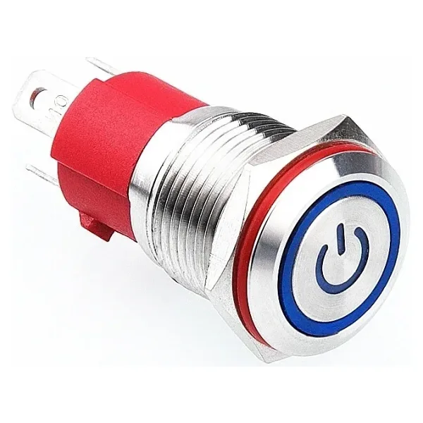 WD16D-P1-EC 16mm Düz Yaylı Işıklı Power Metal Buton - Mavi